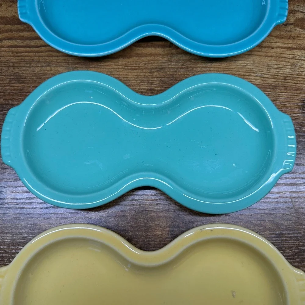 Fiesta HLC USA Figure 8 Relish Trays Set of 3 Blue Turquoise Yellow Ceramic Snac